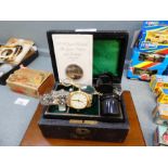 Leather jewellery box containing collectables incl. pair of folding spectacles, small circular ebony