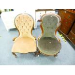 2 Mahogany framed and velvet upholstered button back nursing chairs, one of 19th Century origin AF