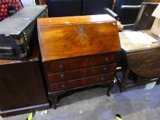 Mahogany writing bureau with fitted compartment above 3 drawers on cabriole supports