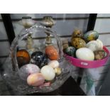 Quantity of onyx and other hardstone polished eggs, pair of candlesticks etc