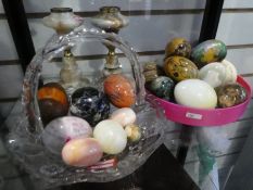 Quantity of onyx and other hardstone polished eggs, pair of candlesticks etc