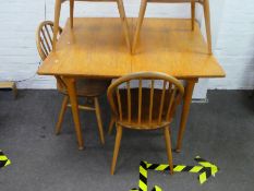 Vintage teak extending dining tables and a set 4 blonde hoop and stick back kitchen chairs by Ercol