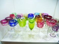 Quantity of Victorian and later cut glass wine glasses with coloured glass bowls, approx 24, various