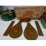 A collection of vintage farm animals, A boxed tin plate train set and A vintage train