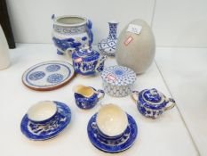 Collection of Oriental blue and white china to incl. vases, Japanese tea set, and a crackleglazed mo