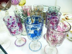 9 Handmade wine glasses decorated with Medieval scenes