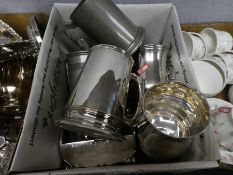 Box of mixed silver plated and pewter items to incl. tankards, cream jugs, etc