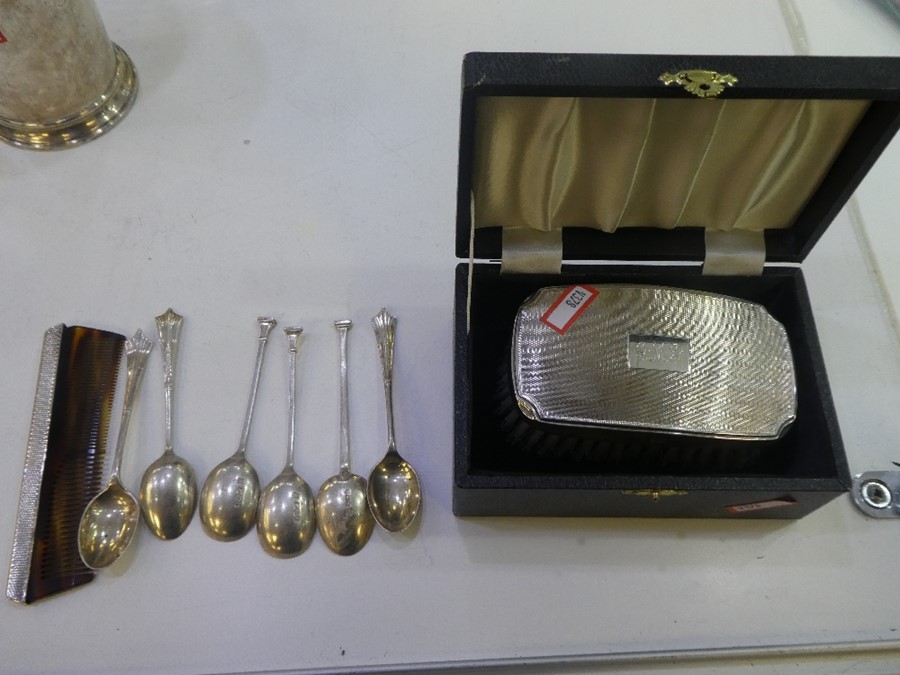 A silver lot comprising of a cased sterling silver topped dressing table brush and comb hallmarked B - Image 2 of 7