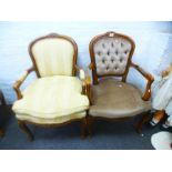 Pair of French style salon carver chairs- framed of which match but upholstered differently