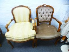 Pair of French style salon carver chairs- framed of which match but upholstered differently