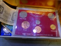 Tin of mixed GB and other coinage and banknotes