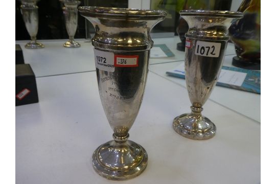 A pair of silver vases with engraved wording hallmarked Birmingham 1926, 1927 possibly Sandes and Ma - Image 1 of 7