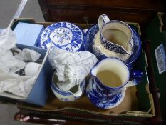 Crate of blue and white jugs, bowls etc and a quantity of Wedgwood china