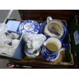 Crate of blue and white jugs, bowls etc and a quantity of Wedgwood china