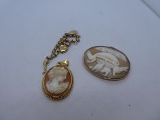 9ct yellow gold cameo pendant with signature, marked 375, larger unmarked example and an unmarked ye