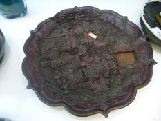 Oriental heavily carved decretive tray on stand possibly 1930s or earlier AF diam 34cm