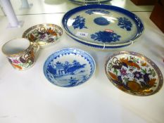 Small blue and white Oriental dish decorated with village scene, large blue and white charger, and a