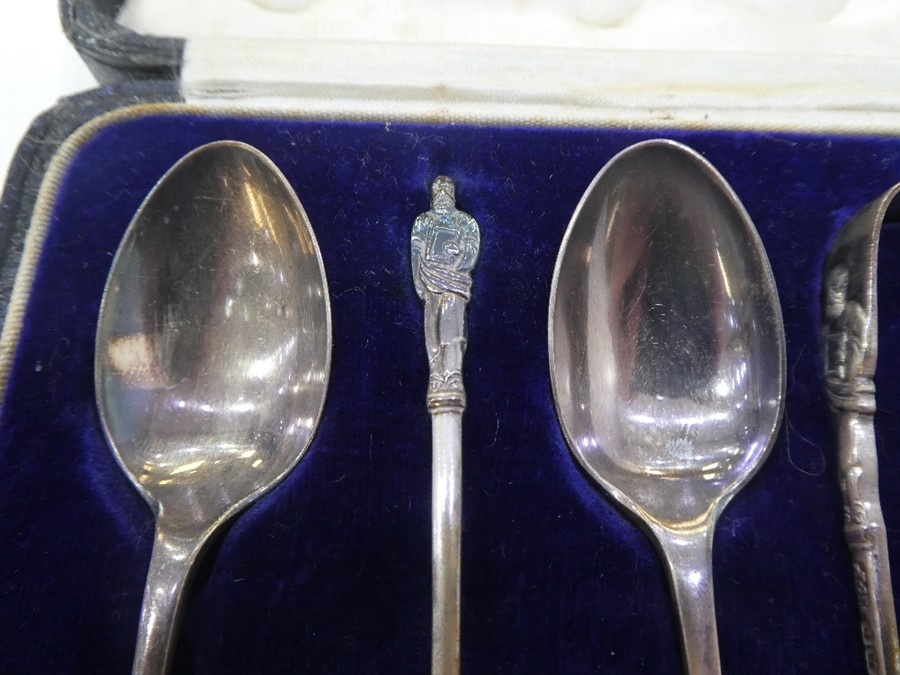 A silver lot comprising of a set of six silver Apostle spoons with matching sugar tongs. Hallmarked - Image 2 of 10