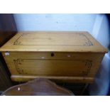 Victorian stripped pine blanket box with stencil design and candle box within