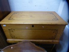 Victorian stripped pine blanket box with stencil design and candle box within