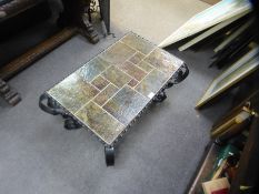 Hand crafted tile top rectangular coffee table on wrought iron base, heavy