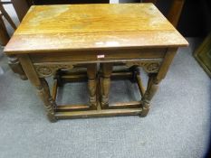 Nest of 3 carved oak coffee tables