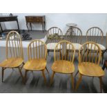 3 Golden elm hoop and stick back kitchen chairs and a taller example