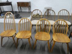 3 Golden elm hoop and stick back kitchen chairs and a taller example