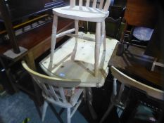 Stripped pine circular kitchen table and set 4 pine bar back chairs