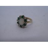 9ct yellow gold cluster ring with central opal surrounded by green and clear stones, size K, 2.5g