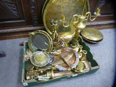 Crate of brass and copperware incl. lamps, trays, candlesticks, pothole mirror etc