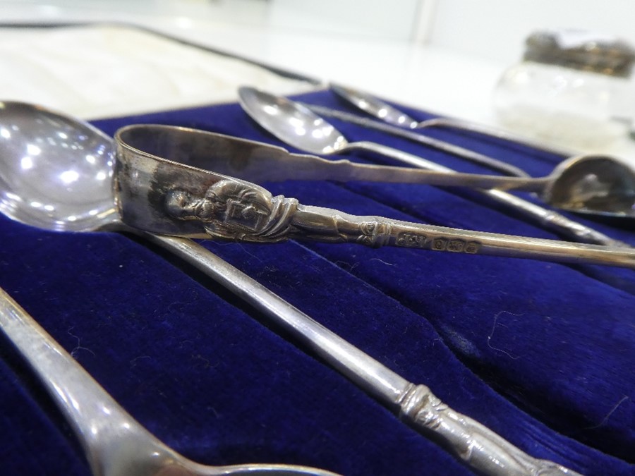 A silver lot comprising of a set of six silver Apostle spoons with matching sugar tongs. Hallmarked - Image 3 of 10