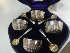 High quality boxed set of 4 salts with scalloped design spoons and fan design gilded salts, hallmark