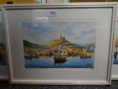 ED Galea; three framed and glazed watercolours by ED Galea. entitled 'Gozo Boat - Mgarr Harbour' 'St