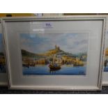 ED Galea; three framed and glazed watercolours by ED Galea. entitled 'Gozo Boat - Mgarr Harbour' 'St