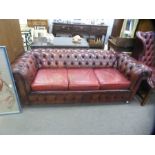 Vintage red leather buttoned back 3 seat Chesterfield sofa