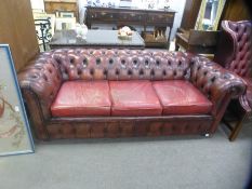 Vintage red leather buttoned back 3 seat Chesterfield sofa