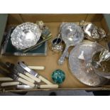 Box silver plated items incl. tray, cruet, dressing table set etc