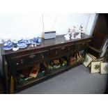 18th Century oak pot board dresser base with 3 drawers on gun barrell turned supports, approx 6'9''