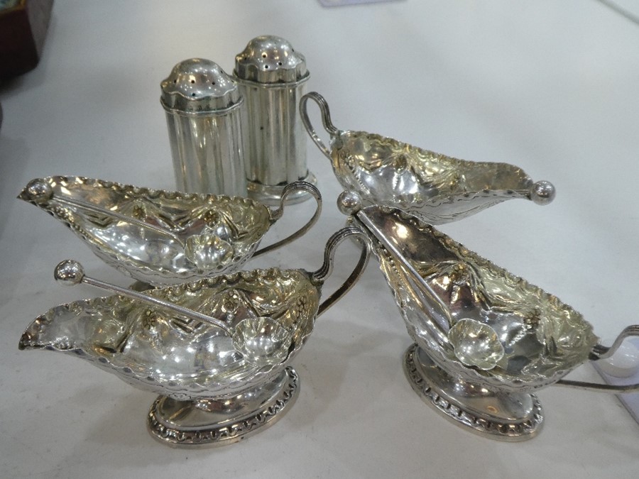 Silver lot comprising of four Victorian matching cruet set, hallmarked Sheffield, 1885 Charles Edwar