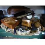 Box of collectables incl. barometer, binoculars, tea cards, games boxes etc