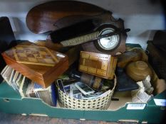 Box of collectables incl. barometer, binoculars, tea cards, games boxes etc