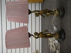 Pair of gilt metal cherub lamp bases on marble plinths, entitles 'La Source' Par Ferrand and 'La For