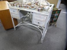 Grey painted shabby chic wicker dreeing table with glass top