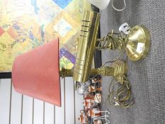 Vintage brass bankers lamp together with a brass column design table lamp