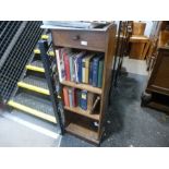 Vintage oak narrow open bookcase with a drawer