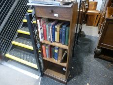 Vintage oak narrow open bookcase with a drawer