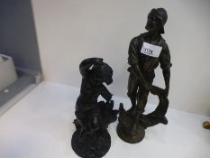 Vintage spelter model of a fisherman and another of a dancing putti, AF