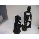 Vintage spelter model of a fisherman and another of a dancing putti, AF