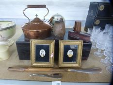 Collectable lot to include a pair of Indian  hand painted miniatures, copper kettle, writing box etc